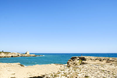 Scenic view of sea against clear blue sky