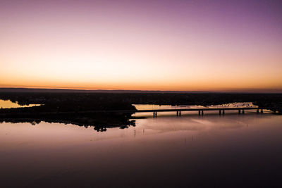 Scenic view of lake against clear sky during sunset