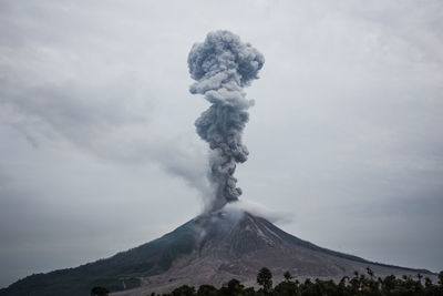 Smoke emitting from volcanic mountain against sky