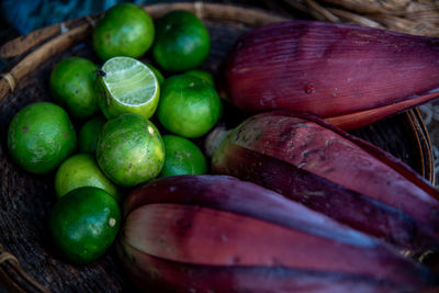 High angle view of fruits in basket