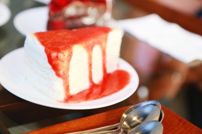 Close-up of dessert served on table