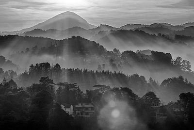 High angle view of trees and mountains against sky