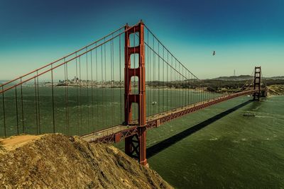 View of suspension bridge in city