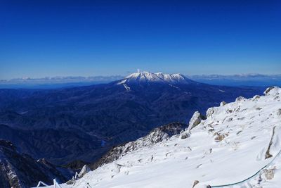 Scenic view of snowcapped mountains against clear blue sky