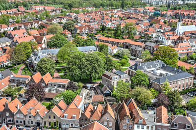 High angle view of trees and houses in town