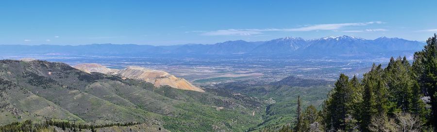 Wasatch front rocky mountains from the oquirrh mountains utah lake and great salt lake valley usa.