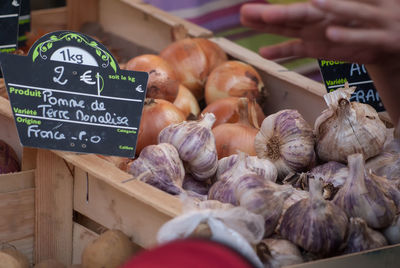 Onions and garlic for sale in market