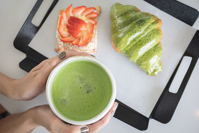 High angle view of breakfast on table