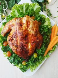 High angle view of fresh vegetables in plate