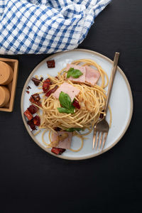 High angle view of food in plate on table