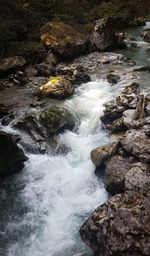 Water flowing through rocks in forest