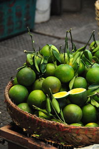 High angle view of fruits in basket at market