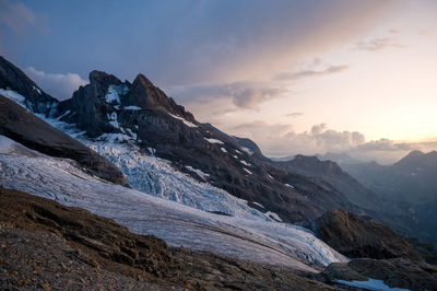 Scenic view of snowcapped mountains against sky during sunset