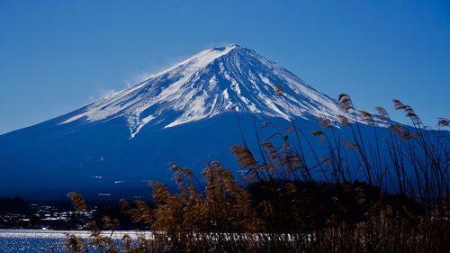 Scenic view of snowcapped mountains against clear blue sky