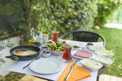 High angle view of breakfast on table