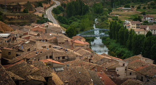 High angle view of buildings in town