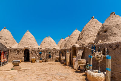 Exterior of temple against clear blue sky