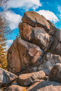 Low angle view of rock formations against sky