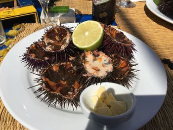 High angle view of food in plate on table