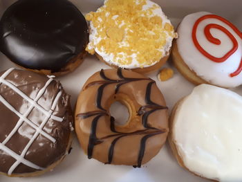 High angle view of donuts on table