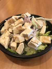 High angle view of food in plate on table