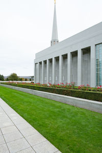 Exterior of building with city in background