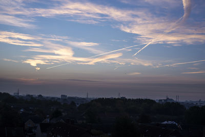 Aerial view of townscape against sky at sunset