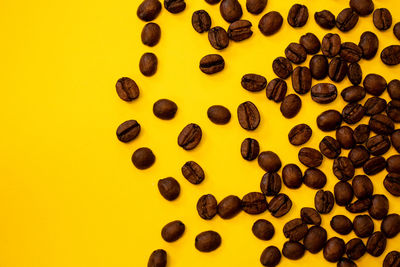 High angle view of coffee beans against yellow background