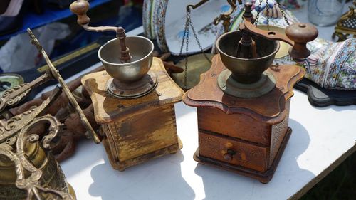 High angle view of old objects for sale in market