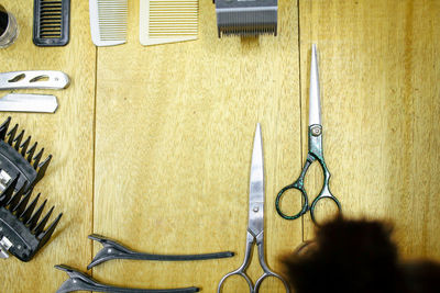 High angle view of man working on table