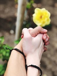 Close-up of hand holding yellow flower