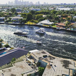 High angle view of river amidst buildings in city