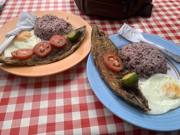 High angle view of breakfast on table