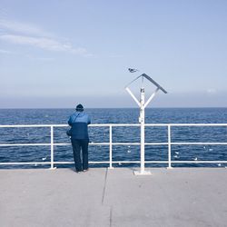 Rear view of man standing at railing against sea and sky