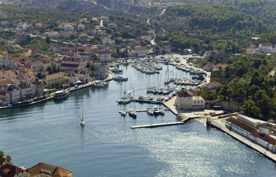 High angle view of harbor at sea