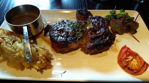 High angle view of meal served on table