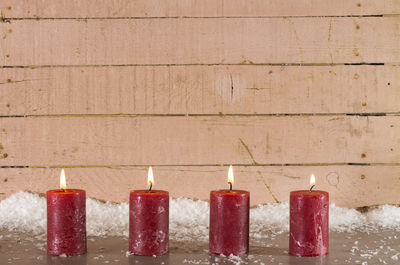 Close-up of lit candles against wall