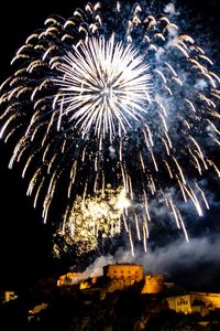 Low angle view of firework display at night