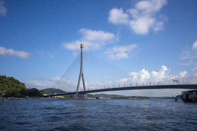 View of suspension bridge over river against cloudy sky
