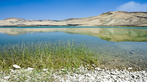 Scenic view of lake and mountains against sky