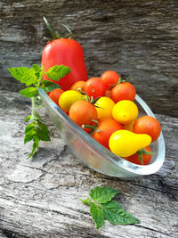 High angle view of fruits in bowl on table