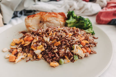 High angle view of food in plate on table