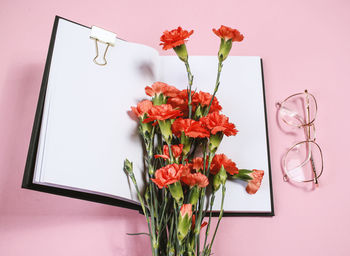 Flowers on pink background with accesories