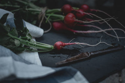 Close-up of red radishes on table