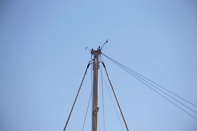 Low angle view of bird perching on pole against clear blue sky