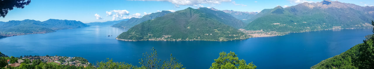 Aerial wide angle view on lake maggiore and the alps