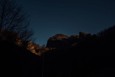 Low angle view of silhouette trees against clear sky at night