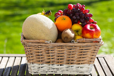 Close-up of apples in basket on table