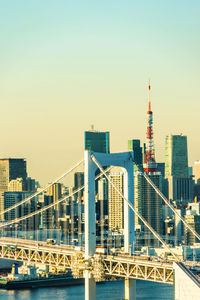 Bridge over river against buildings in city