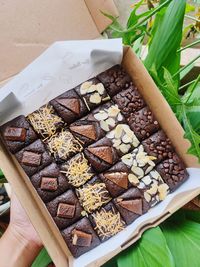 High angle view of chocolate cake on table